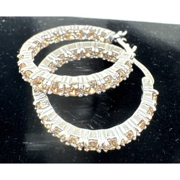 .925 Silver Bracelet & Hoop Earring Set W/Champagne Cubic Zirconia Stones - Picture 3 of 4